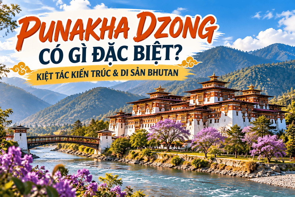 Punakha Dzong Bhutan với kiến trúc pháo đài truyền thống nằm bên hai dòng sông Pho Chhu và Mo Chhu, giữa núi rừng Himalaya.